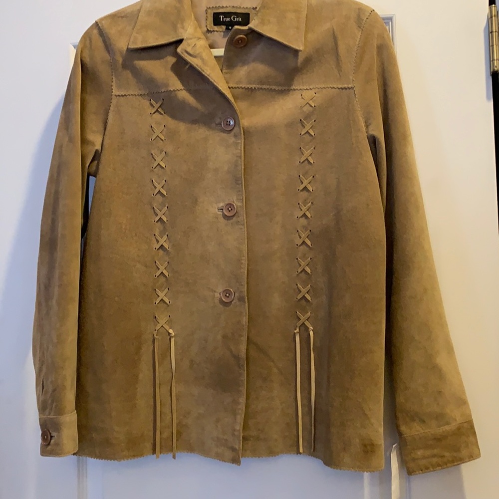 Camel Suede Leather Button-Down Jacket - image 1